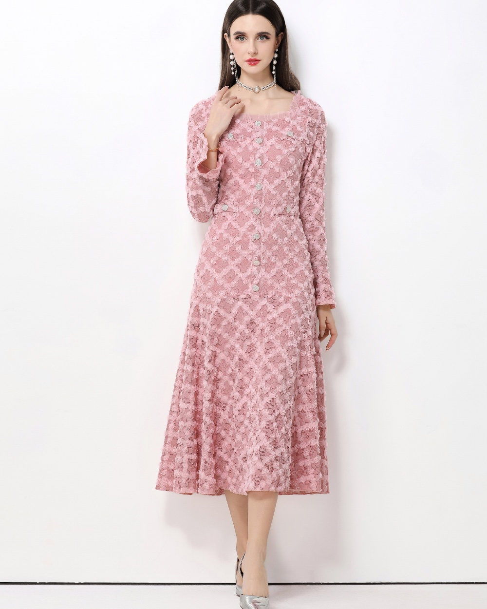 Stereoscopic trumpet sleeves flowers dress for women