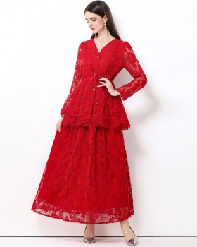 Lotus leaf edges France style dress bandage long skirt a set