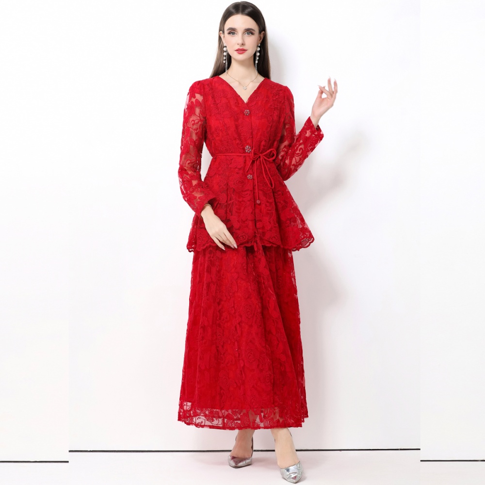 Lotus leaf edges France style dress bandage long skirt a set