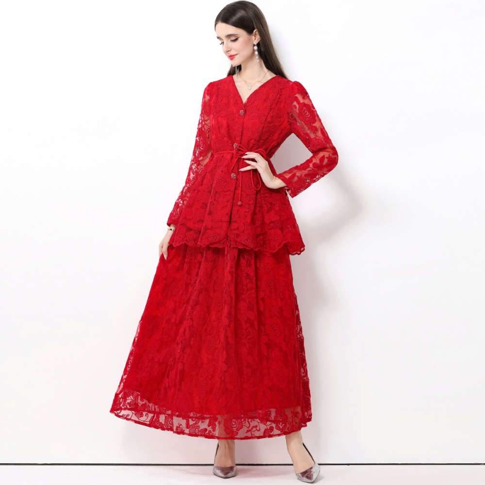 Lotus leaf edges France style dress bandage long skirt a set