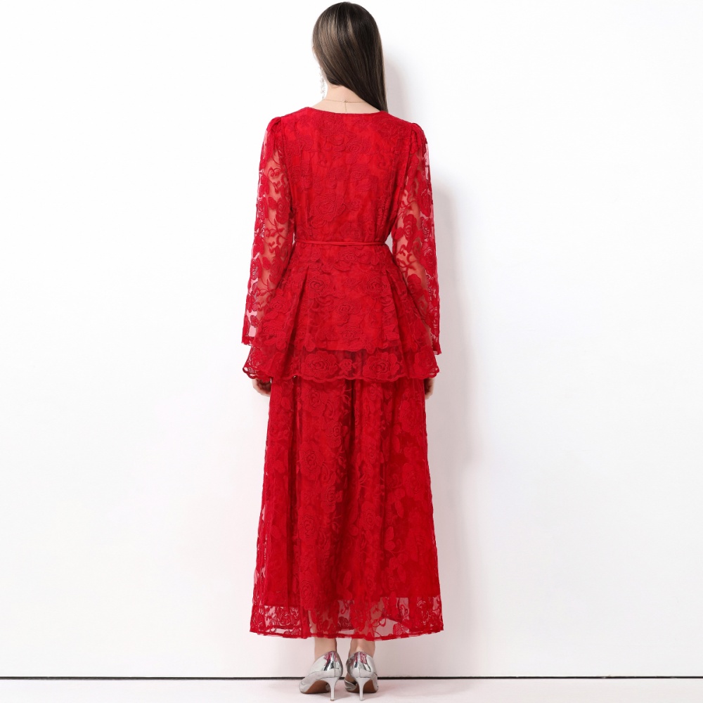 Lotus leaf edges France style dress bandage long skirt a set