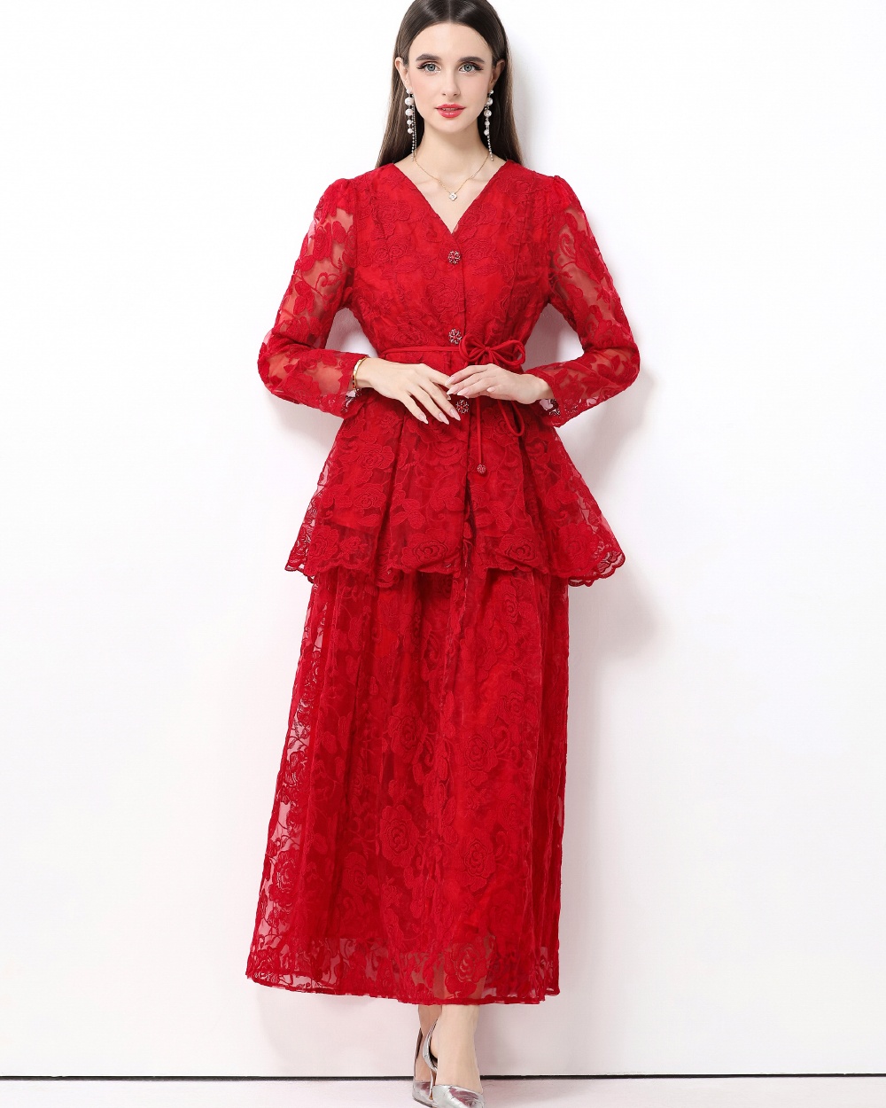 Lotus leaf edges France style dress bandage long skirt a set