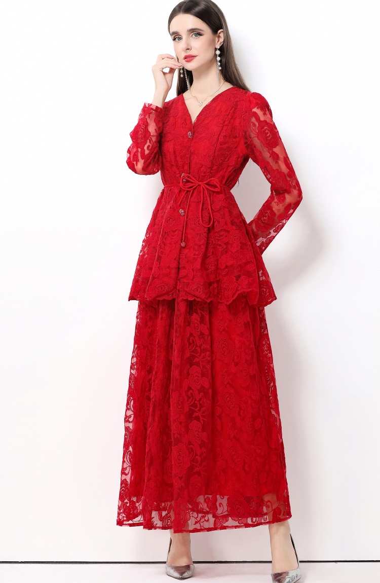 Lotus leaf edges France style dress bandage long skirt a set