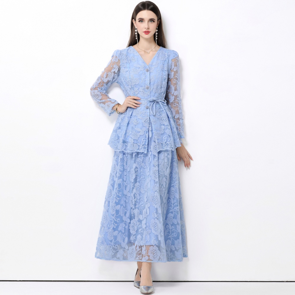 Gauze bandage long skirt lotus leaf edges dress a set