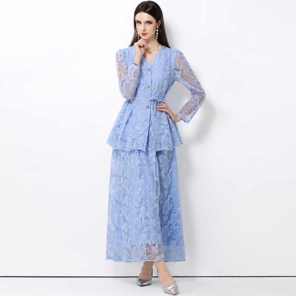 Gauze bandage long skirt lotus leaf edges dress a set