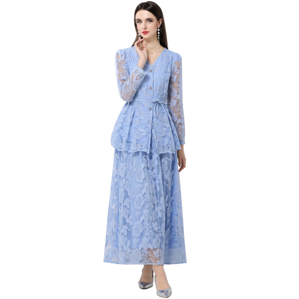 Gauze bandage long skirt lotus leaf edges dress a set