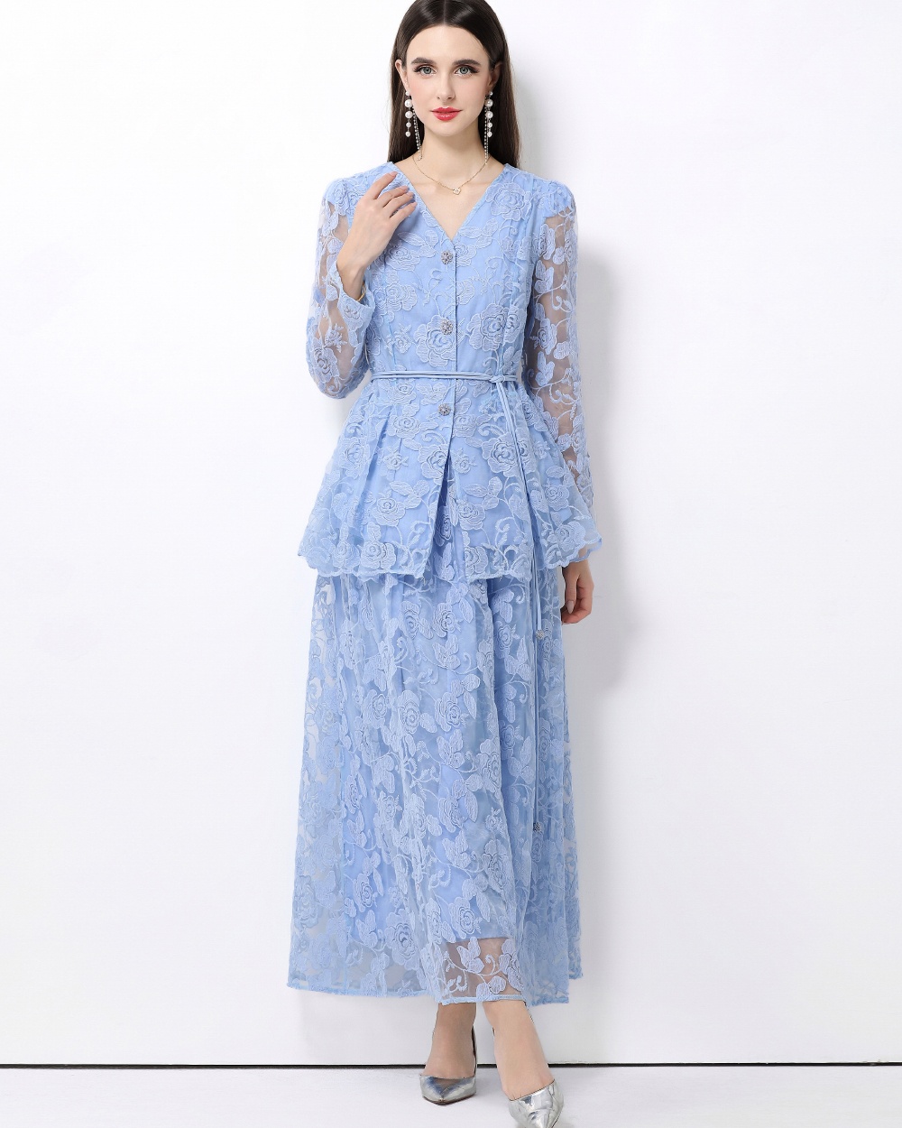 Gauze bandage long skirt lotus leaf edges dress a set