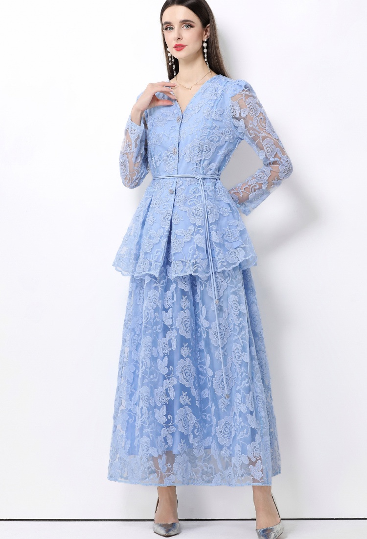 Gauze bandage long skirt lotus leaf edges dress a set