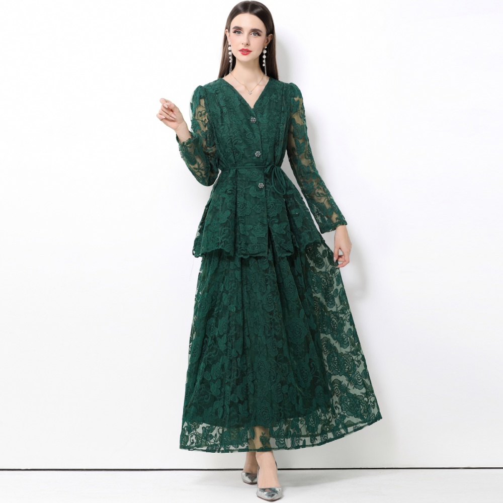 Pinched waist gauze long skirt single-breasted dress a set