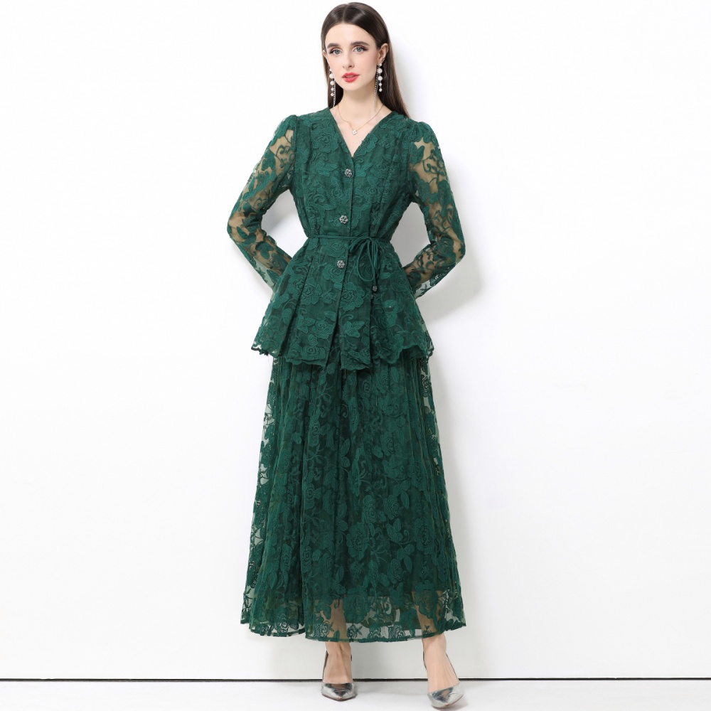 Pinched waist gauze long skirt single-breasted dress a set