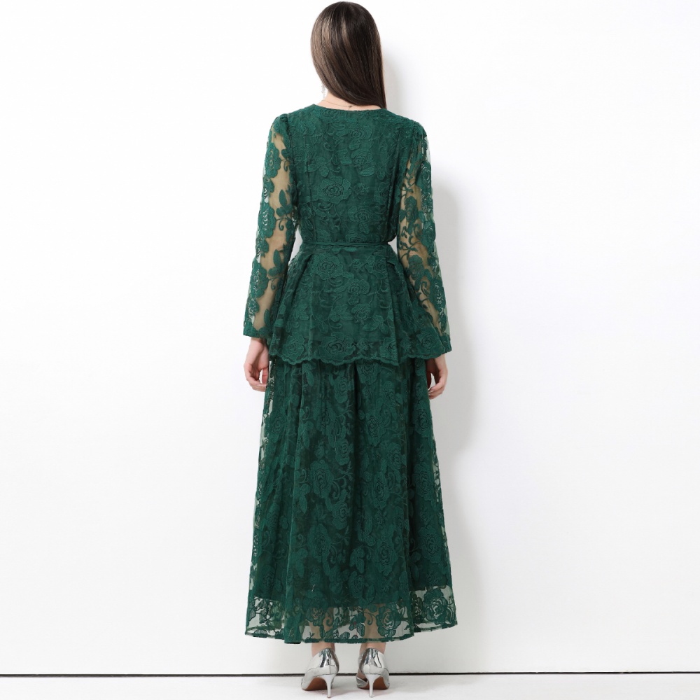 Pinched waist gauze long skirt single-breasted dress a set