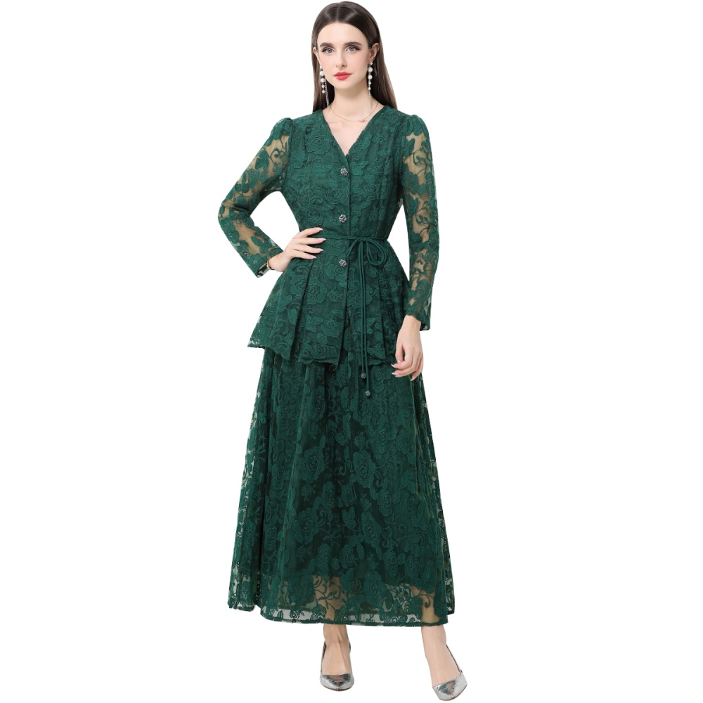 Pinched waist gauze long skirt single-breasted dress a set