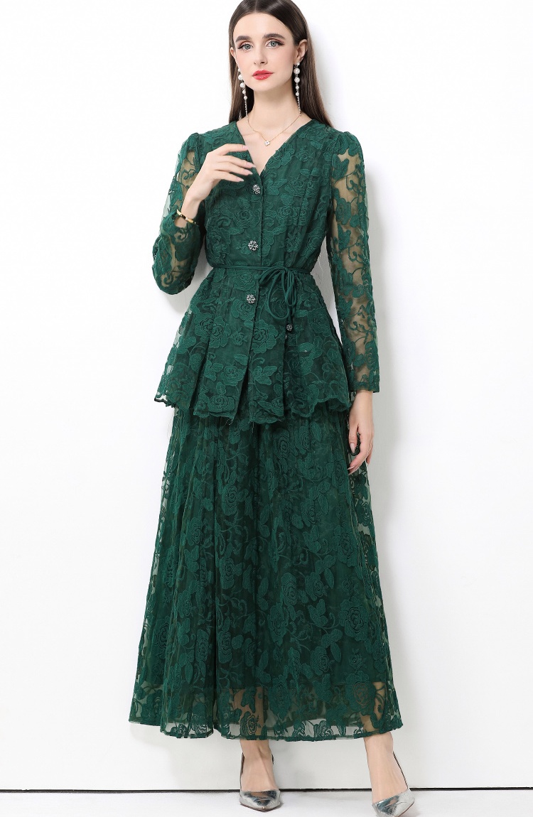 Pinched waist gauze long skirt single-breasted dress a set