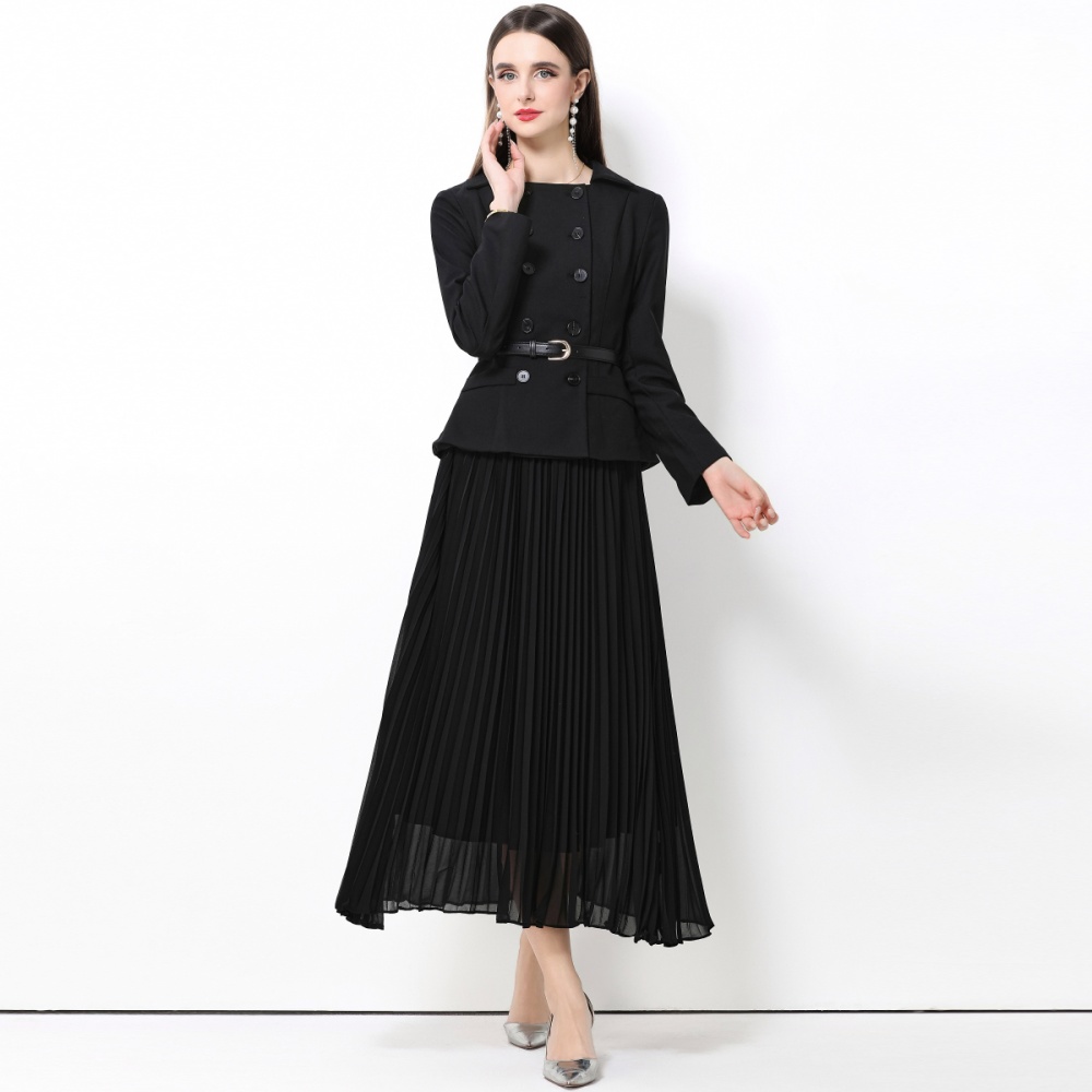 Long sleeve black lapel Pseudo-two splice dress