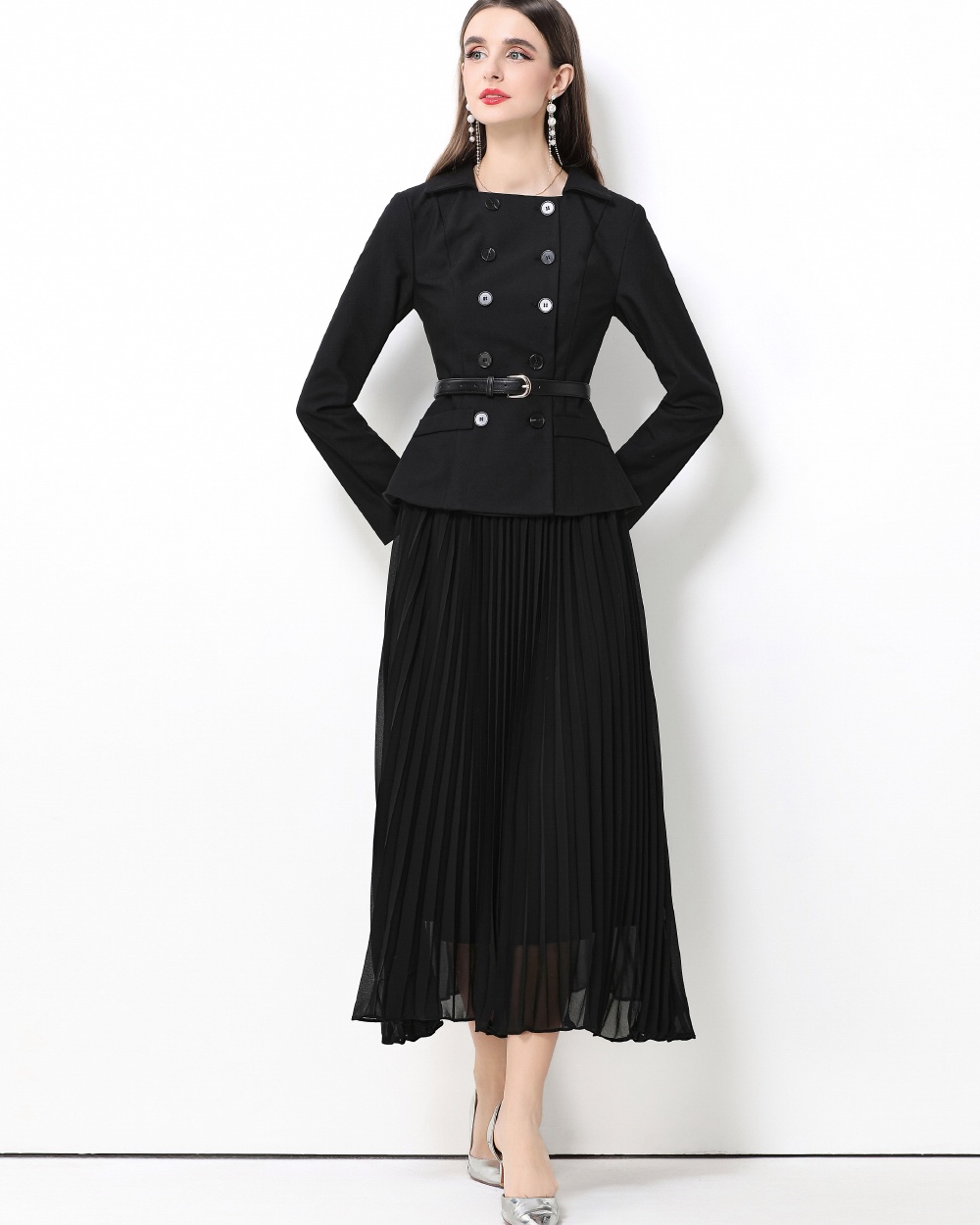 Long sleeve black lapel Pseudo-two splice dress