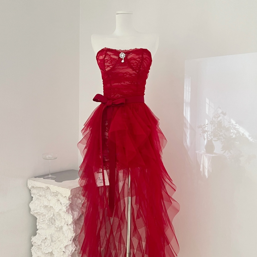 Retro christmas package hip long trailing lace dress