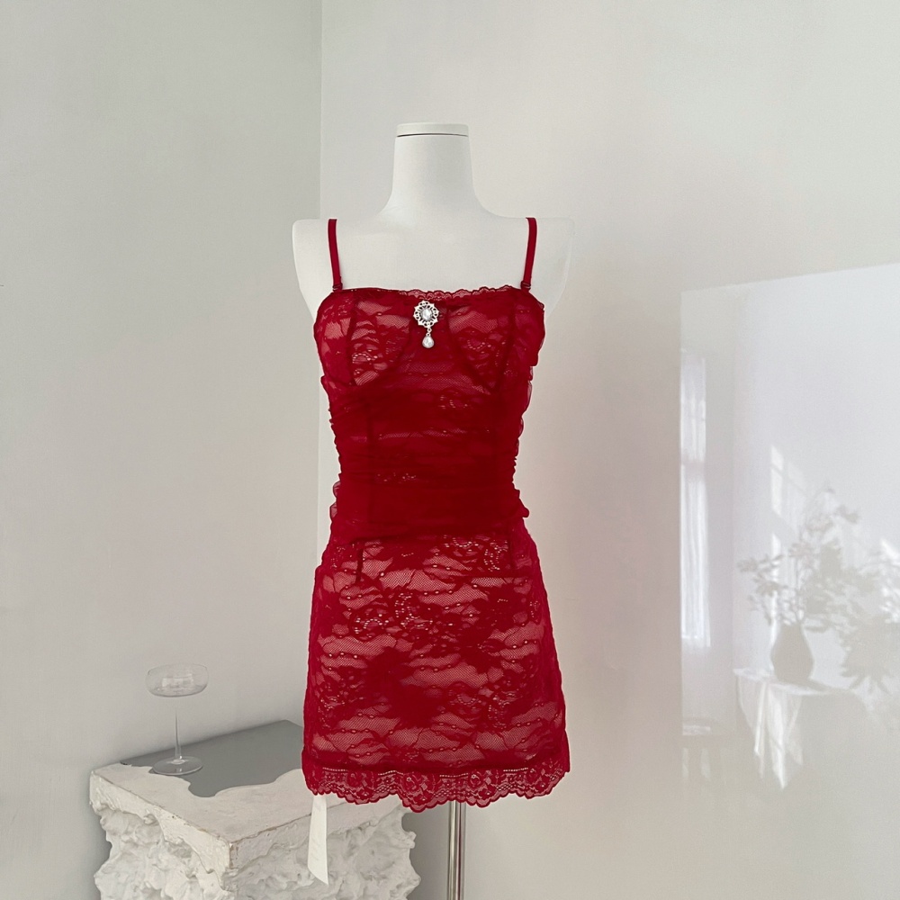 Retro christmas package hip long trailing lace dress