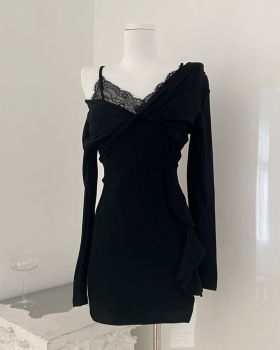 Knitted lotus leaf edges enticement dress for women