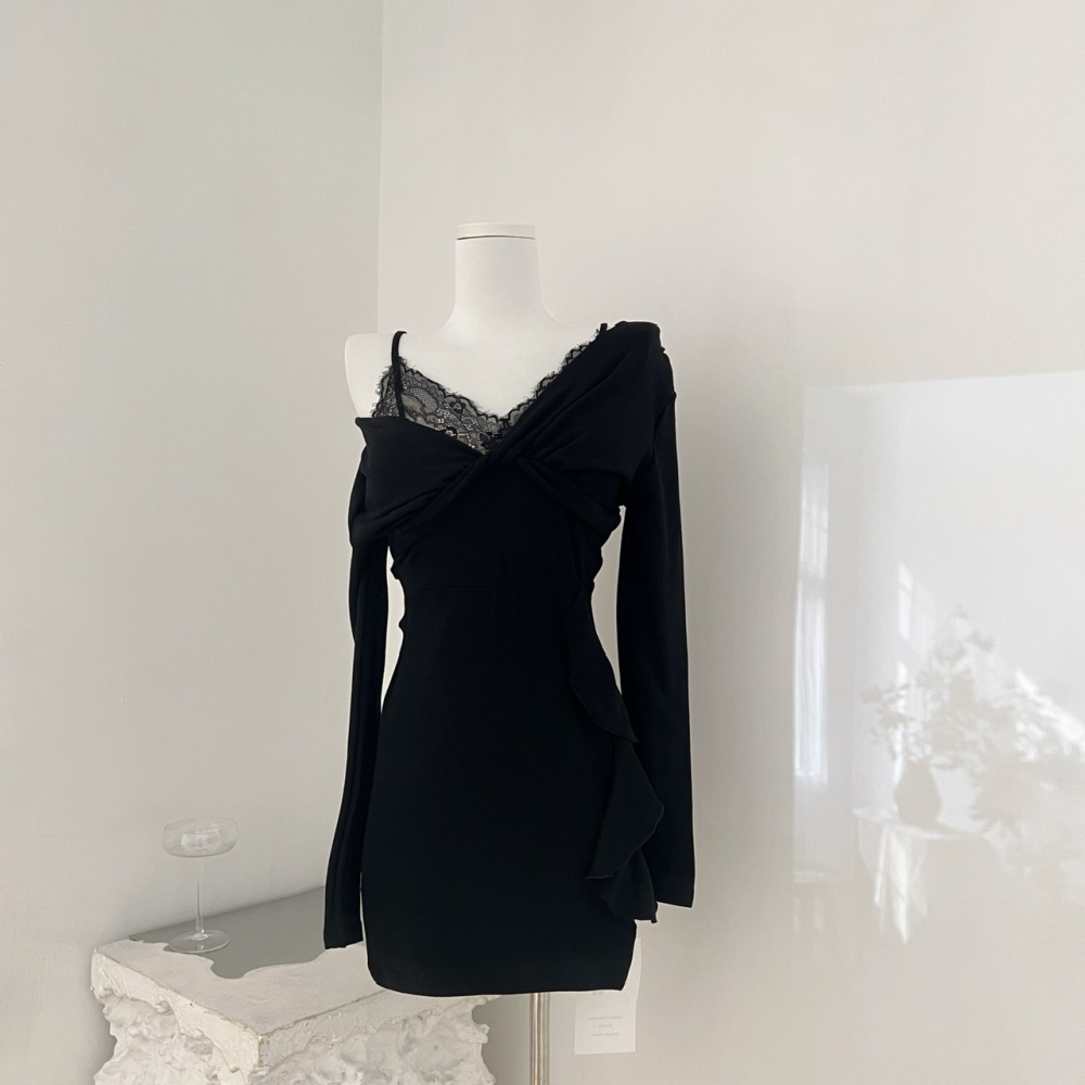 Knitted lotus leaf edges enticement dress for women