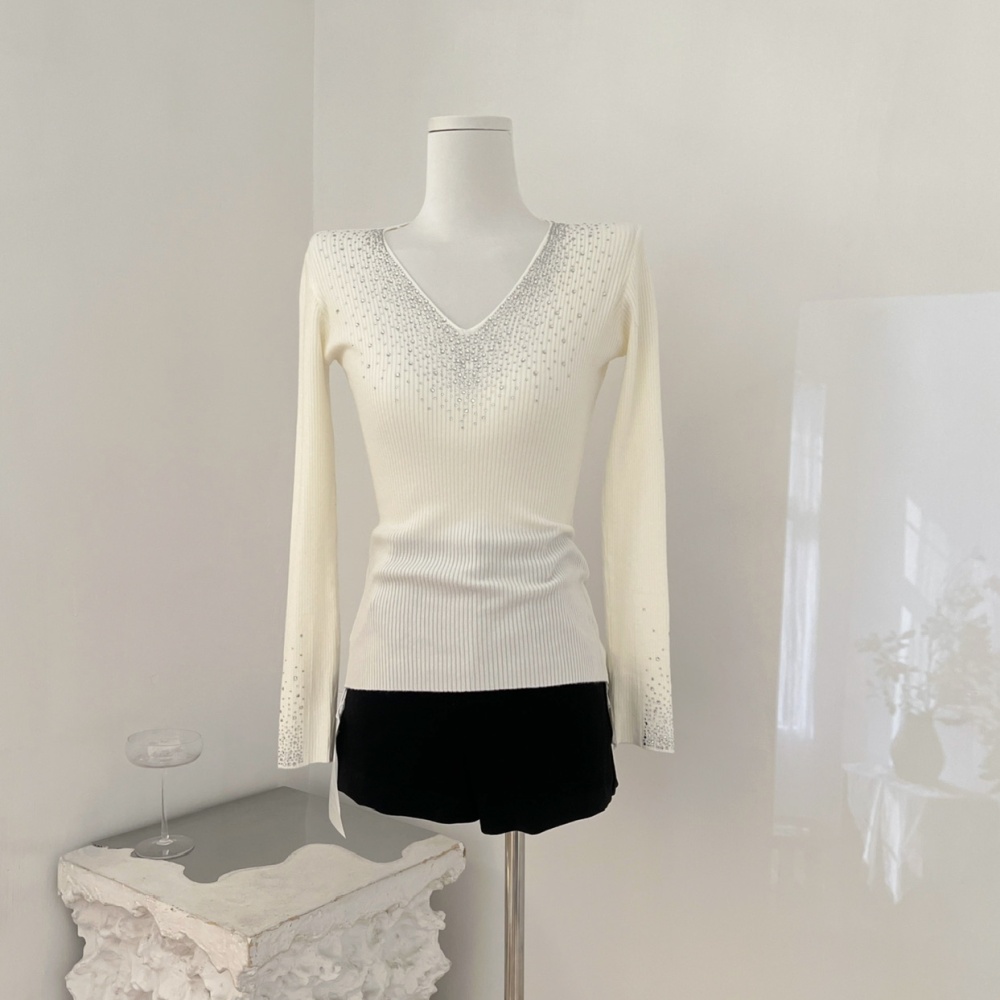 Bottoming knitted sweater rhinestone V-neck tops