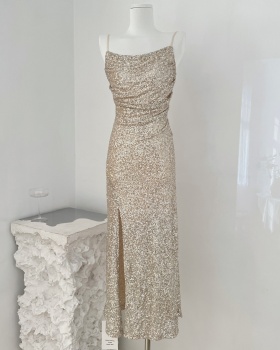 Split silver long dress sequins formal dress for women