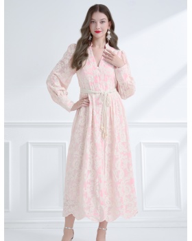 Pinched waist vacation embroidered lace V-neck frenum spring dress