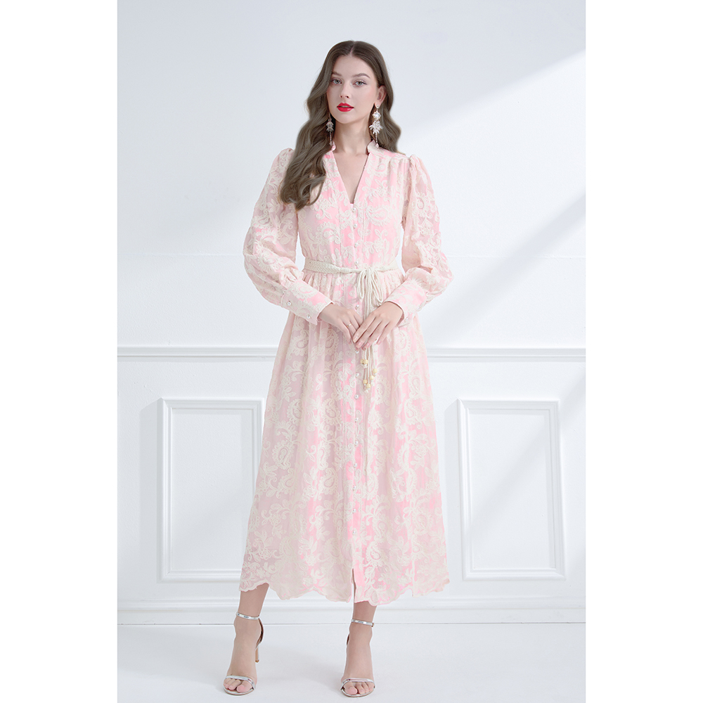 Pinched waist vacation embroidered lace V-neck frenum spring dress