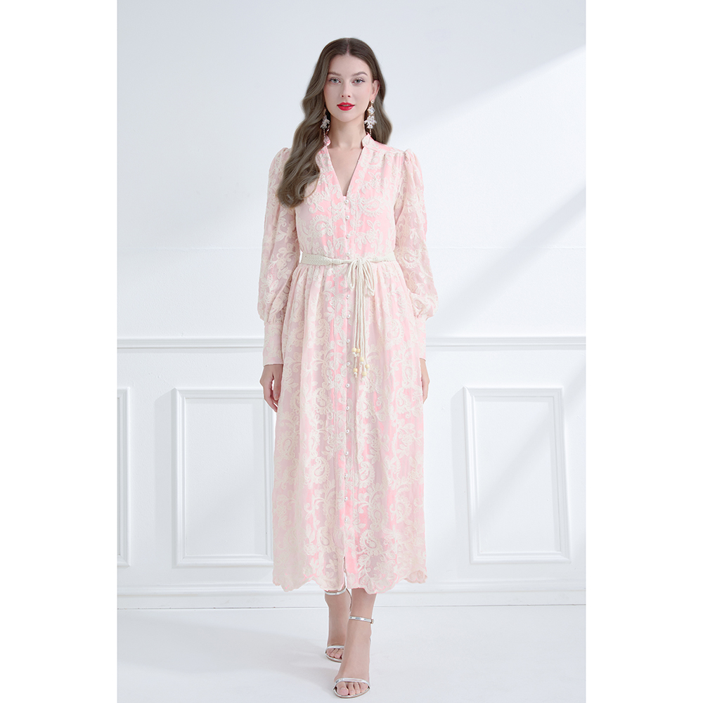 Pinched waist vacation embroidered lace V-neck frenum spring dress