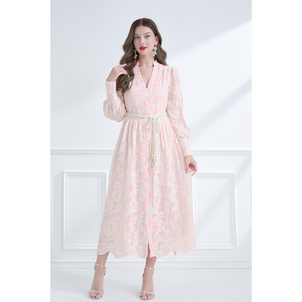 Pinched waist vacation embroidered lace V-neck frenum spring dress