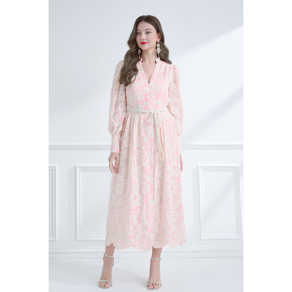 Pinched waist vacation embroidered lace V-neck frenum spring dress
