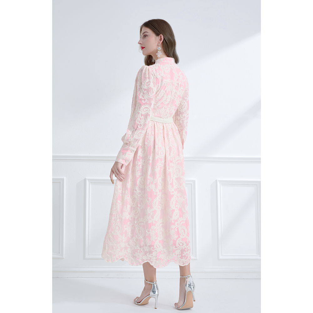 Pinched waist vacation embroidered lace V-neck frenum spring dress