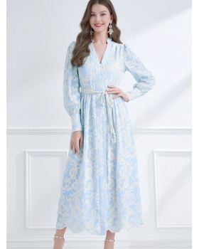 Embroidered V-neck lantern sleeve lace dress