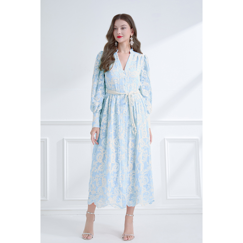 Embroidered V-neck lantern sleeve lace dress