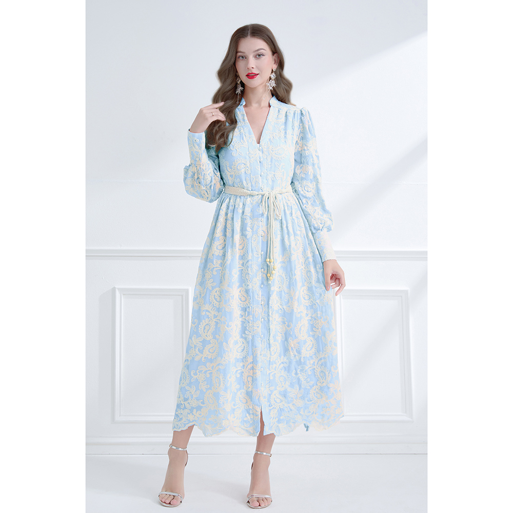 Embroidered V-neck lantern sleeve lace dress