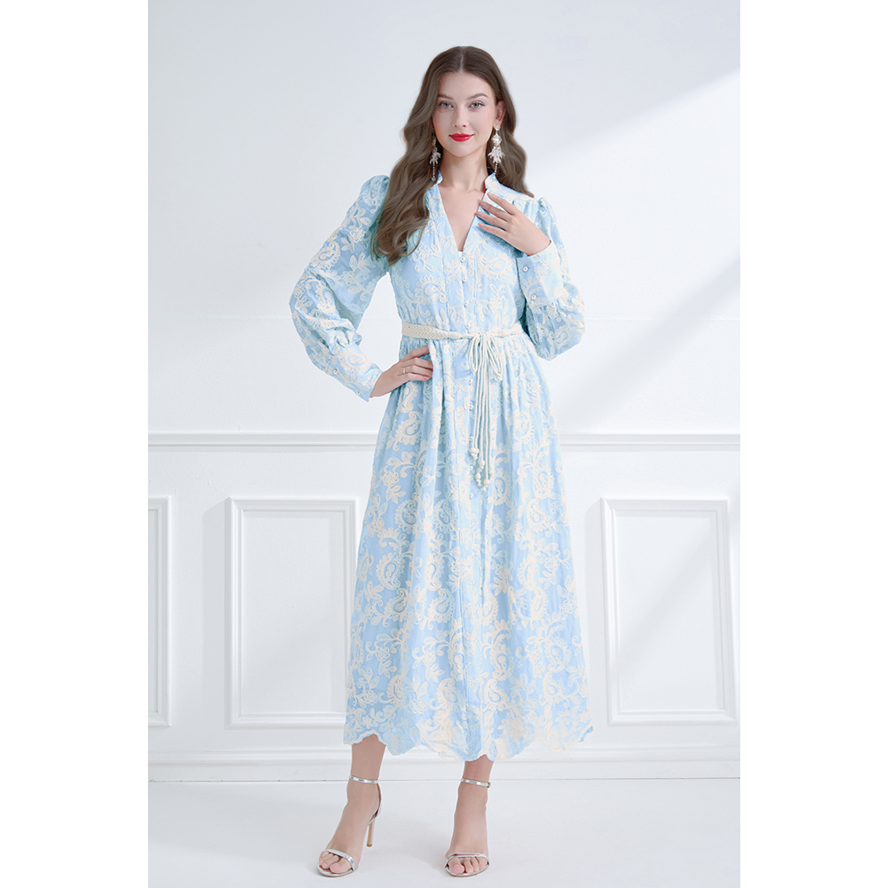 Embroidered V-neck lantern sleeve lace dress