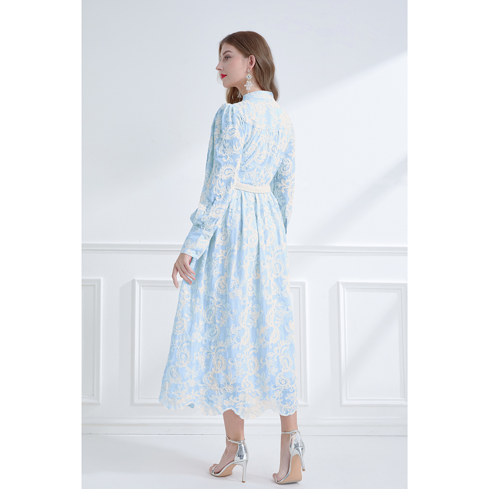 Embroidered V-neck lantern sleeve lace dress