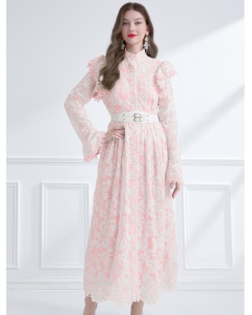 Lotus leaf edges cstand collar pinched waist lace dress