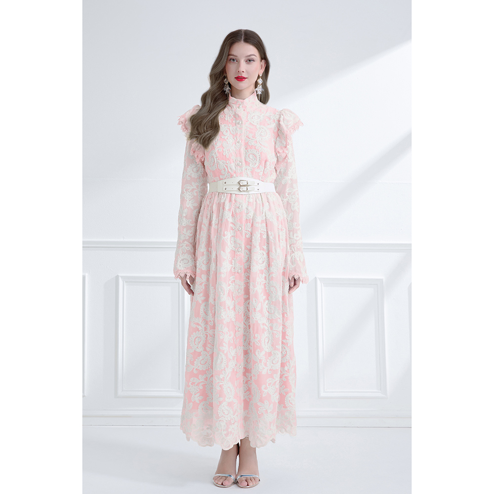Lotus leaf edges cstand collar pinched waist lace dress