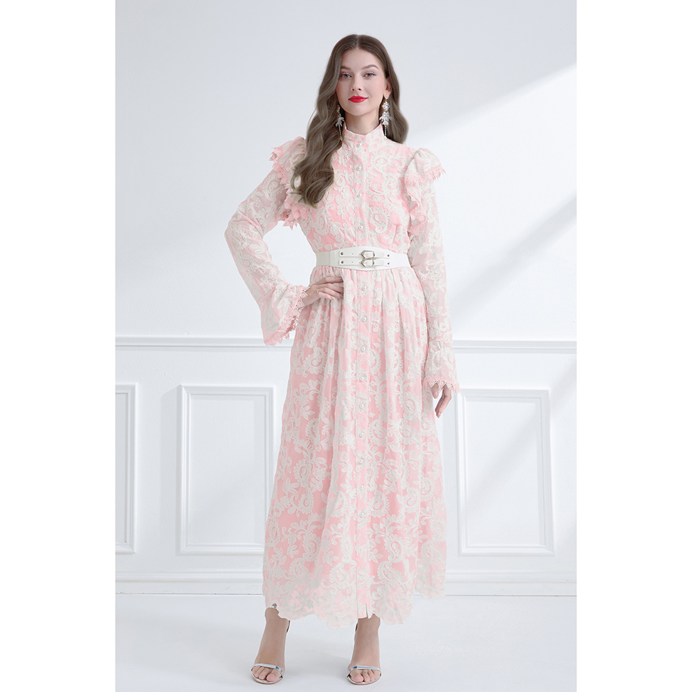 Lotus leaf edges cstand collar pinched waist lace dress