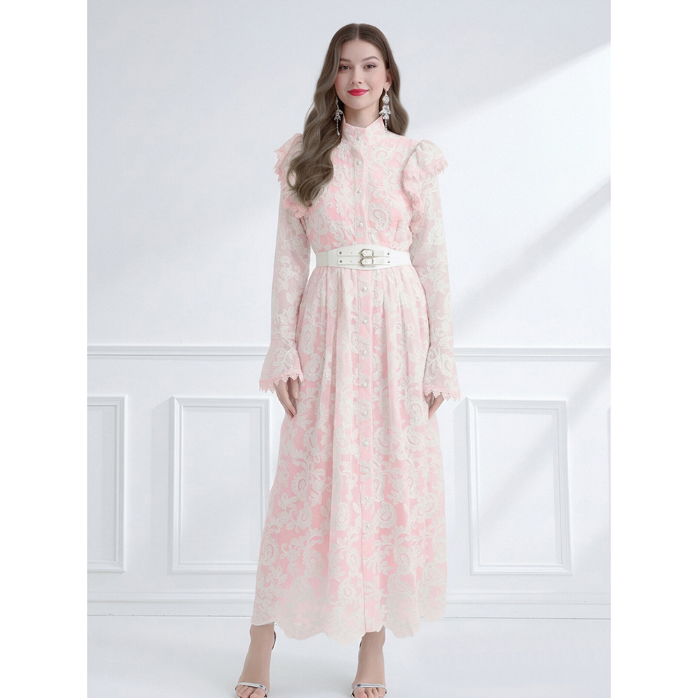 Lotus leaf edges cstand collar pinched waist lace dress