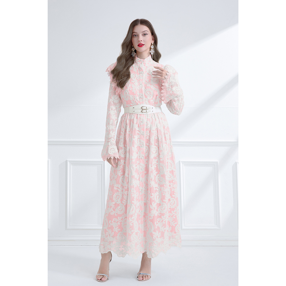 Lotus leaf edges cstand collar pinched waist lace dress