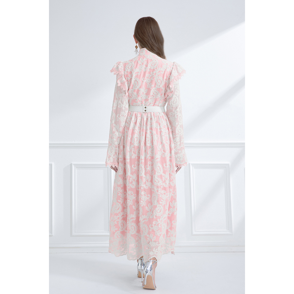 Lotus leaf edges cstand collar pinched waist lace dress