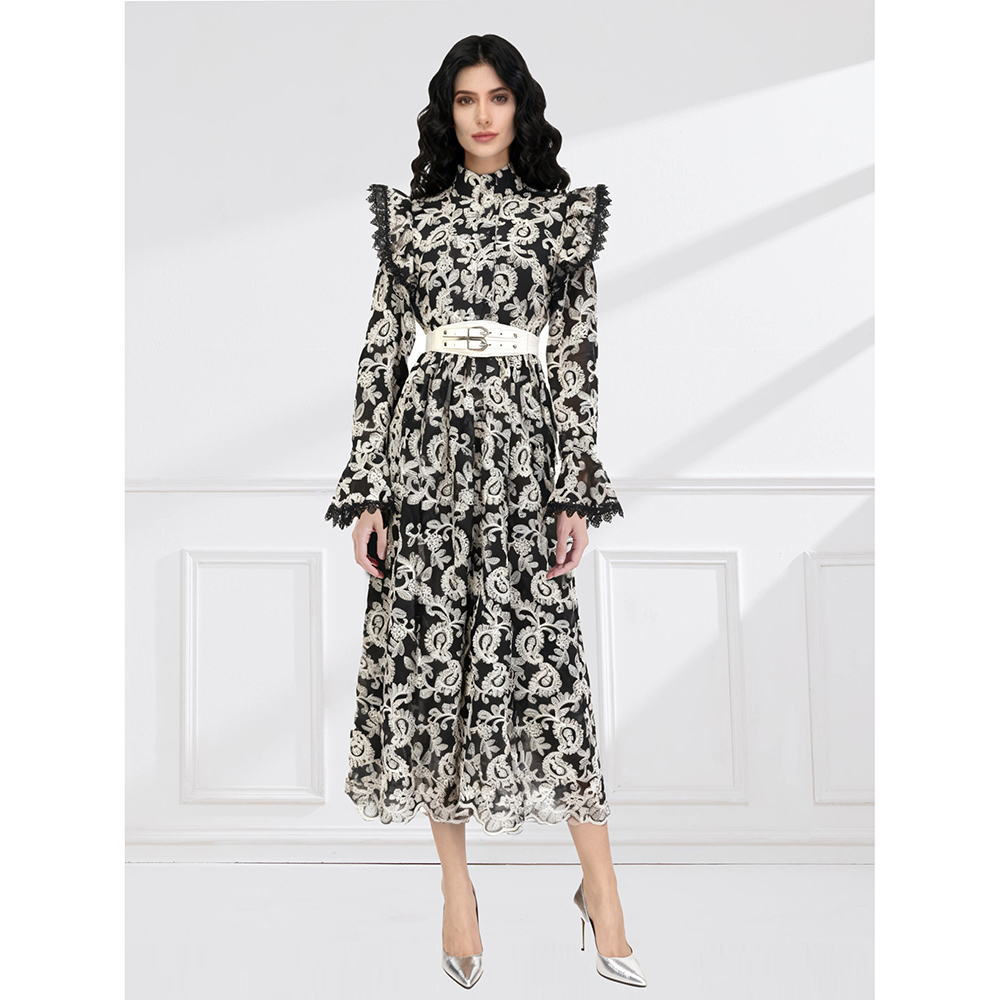 Lace pinched waist lotus leaf edges spring dress