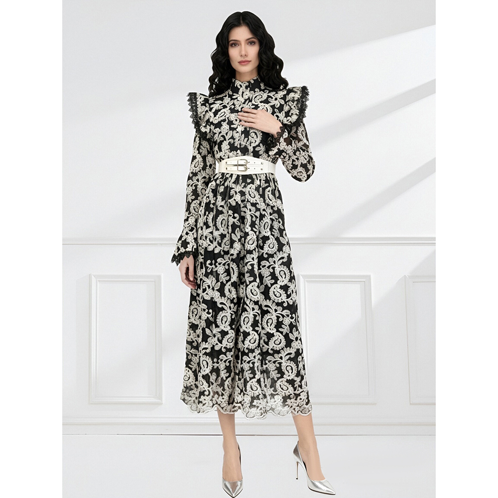 Lace pinched waist lotus leaf edges spring dress