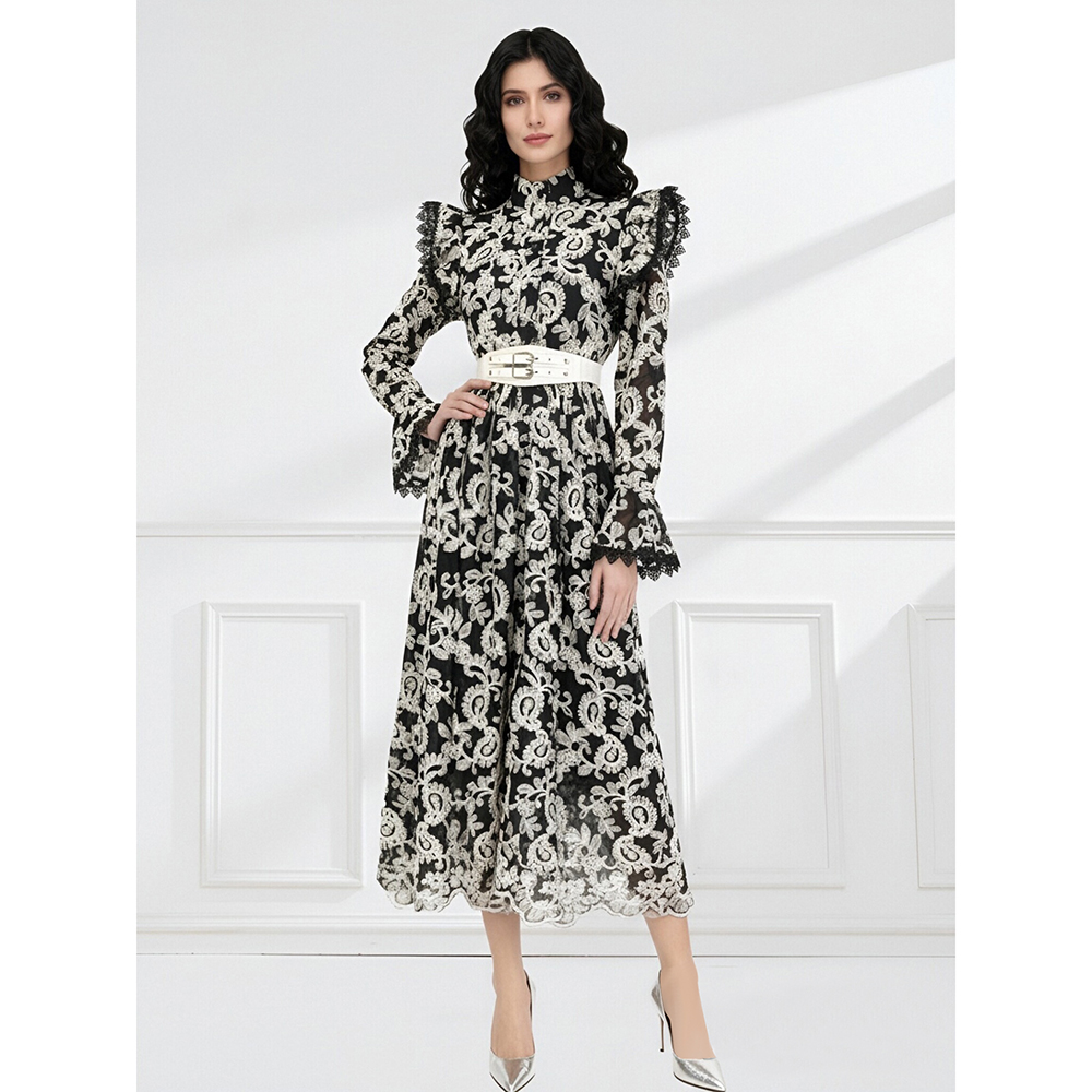 Lace pinched waist lotus leaf edges spring dress