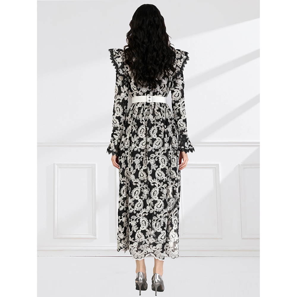 Lace pinched waist lotus leaf edges spring dress