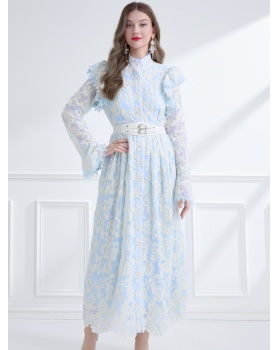 Lotus leaf edges spring boats sleeve dress