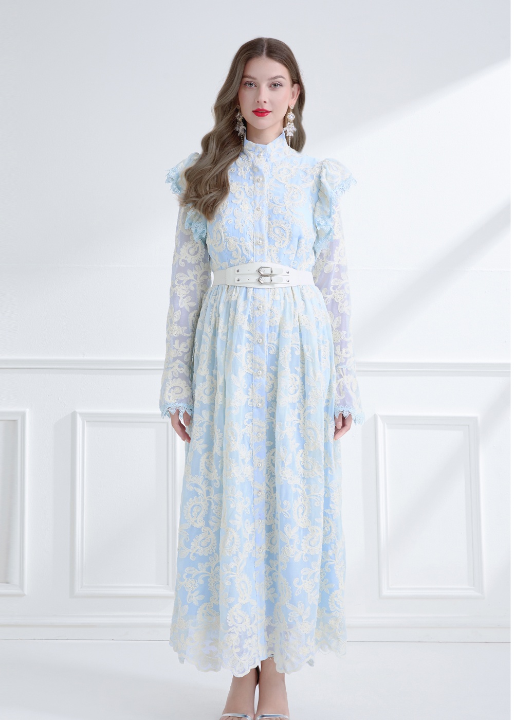 Lotus leaf edges spring boats sleeve dress