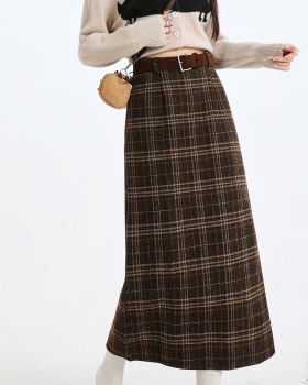 Plaid high waist long split slim skirt for women