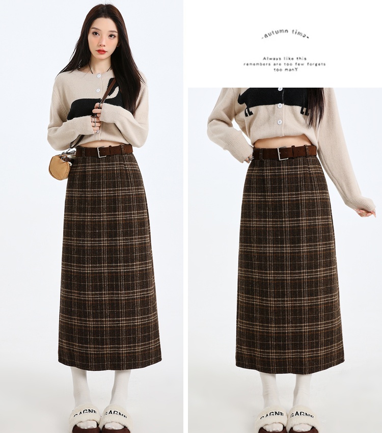 Plaid high waist long split slim skirt for women